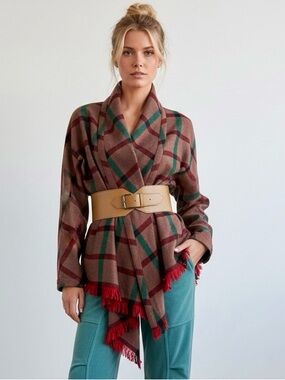 Vintage Plaid Wool Blend Wrap Cardigan With Fringe